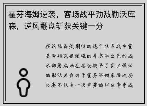 霍芬海姆逆袭，客场战平劲敌勒沃库森，逆风翻盘斩获关键一分